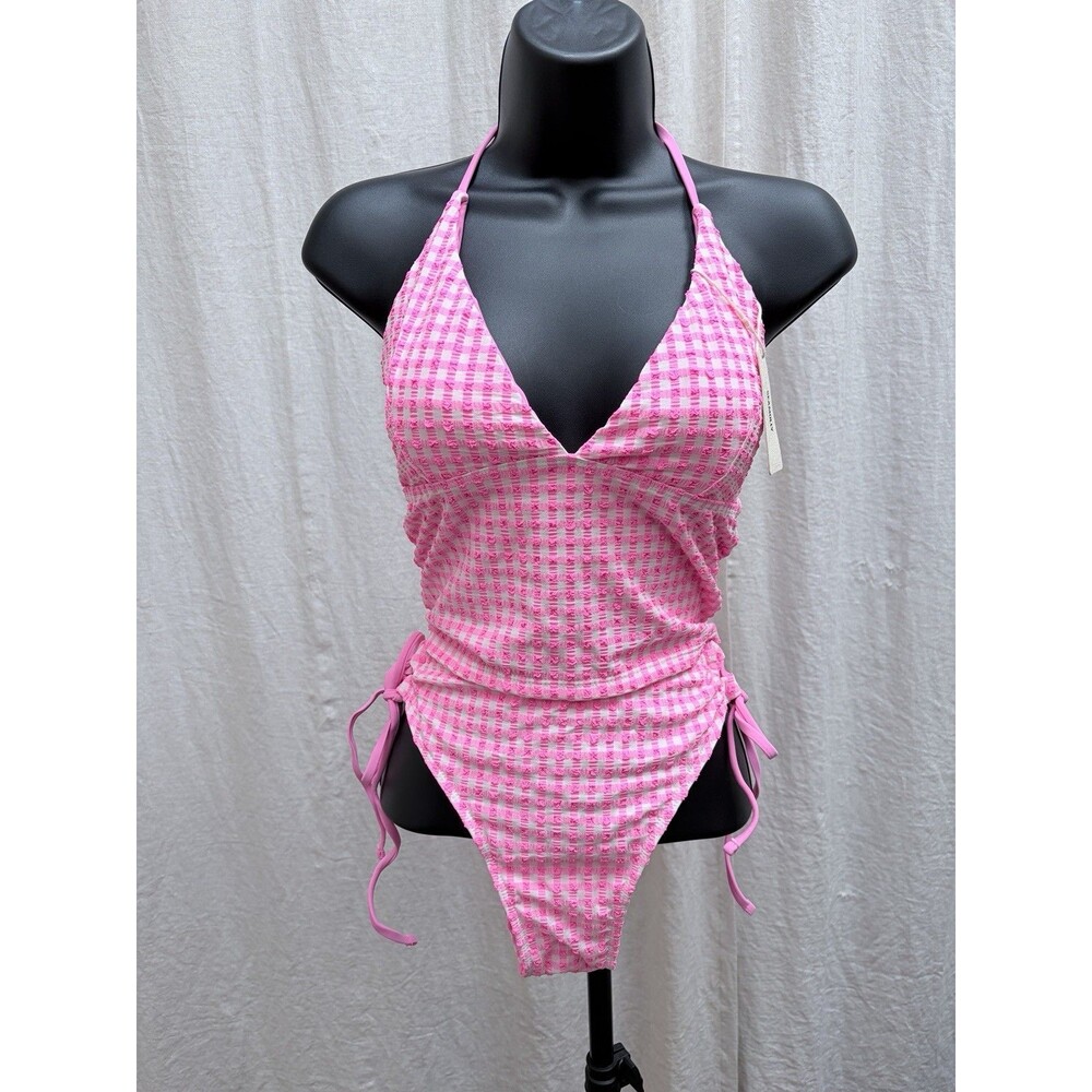 SEAMOLLY Pink White Gingham Seersucker Halter Tie-Side Ruched Bikini Set L